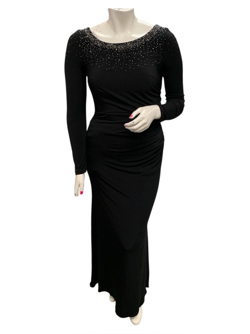 JS Boutique NWT Black Long-Sleeve Maxi Dress with Crystal-Studded Neckline S12